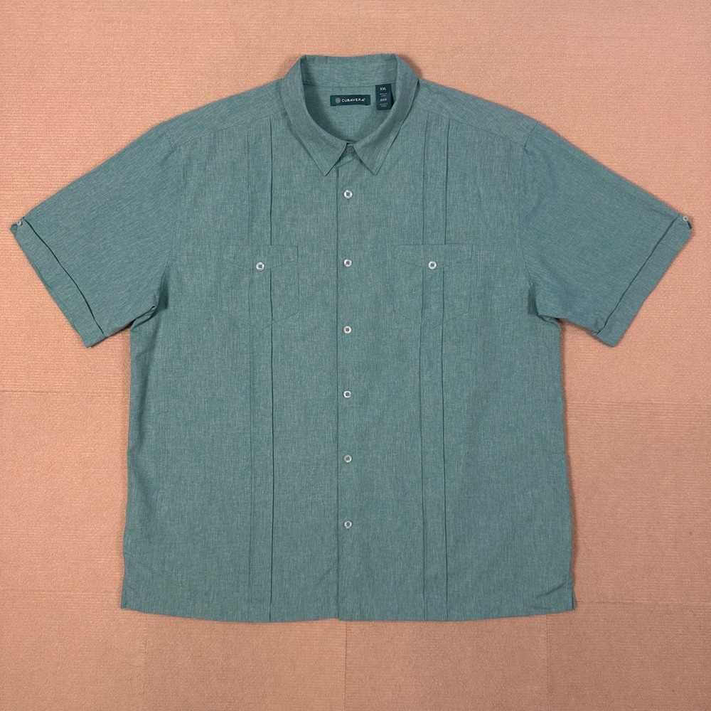 Cubavera Guayabera Shirt Mens XXL Teal Heathered Short Sleeve Polyester